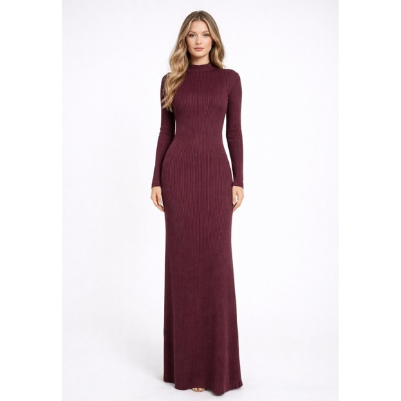 Dresses & Skirts - Lulus Plum Burgundy Ribbed Mock Neck Long Sleeve Maxi Dress‎ Small